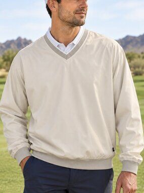 Wedge Men’s Beige V-Neck Golf Windbreaker Pullover Jacket Large